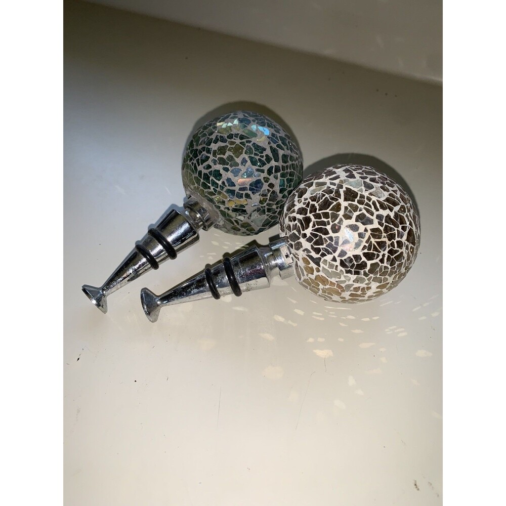 Wine Stoppers or Spirits (2) Mosaic Crackle Glass Resin 2.5” Balls on Silver EUC